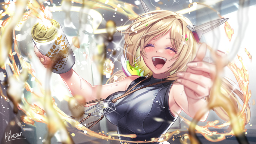 1girl :d ^_^ aki_rosenthal bangs beer_can blonde_hair blush bob_cut breasts can closed_eyes death_stranding detached_hair eyebrows_visible_through_hair facing_viewer grey_shirt hair_ornament headgear highres hikosan20216917 holding holding_can hololive jewelry long_hair low_twintails necklace open_mouth parted_bangs sam_porter_bridges shirt short_hair sleeveless sleeveless_shirt smile solo sparkle spill twintails virtual_youtuber