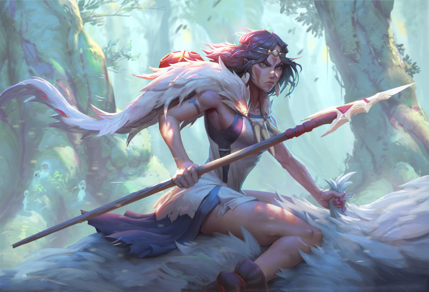 1girl absurdres blue_eyes boots breasts brown_hair cape facepaint forest from_side fur_cape highres kodama lips looking_at_viewer mask mask_removed mononoke_hime nature polearm san short_hair small_breasts solo spear thighs tyson_murphy weapon white_fur wolf