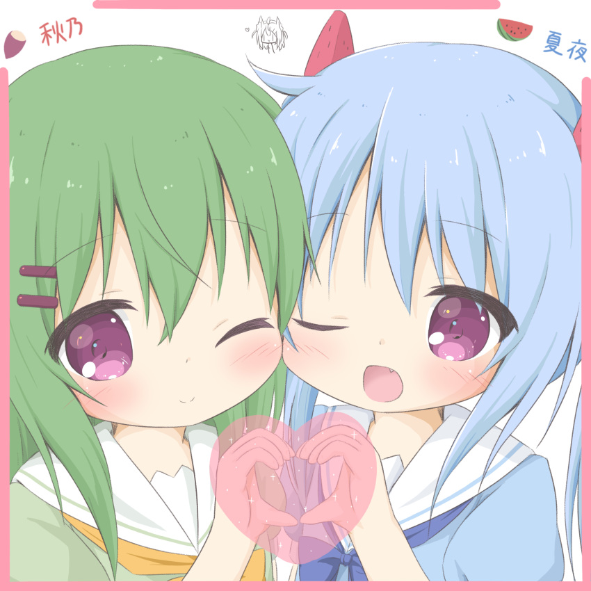 2girls ;) ;d bangs blue_bow blue_dress blue_hair blush bow closed_mouth dress eyebrows_visible_through_hair fang food_themed_hair_ornament green_dress green_hair hair_between_eyes hair_ornament hairclip hand_up heart heart_hands heart_hands_duo highres long_hair melon_hair_ornament multiple_girls one_eye_closed open_mouth orange_bow original puffy_sleeves rinechun rinechun's_blonde_dog_girl sailor_collar sailor_dress siblings sisters smile twins violet_eyes white_background white_sailor_collar