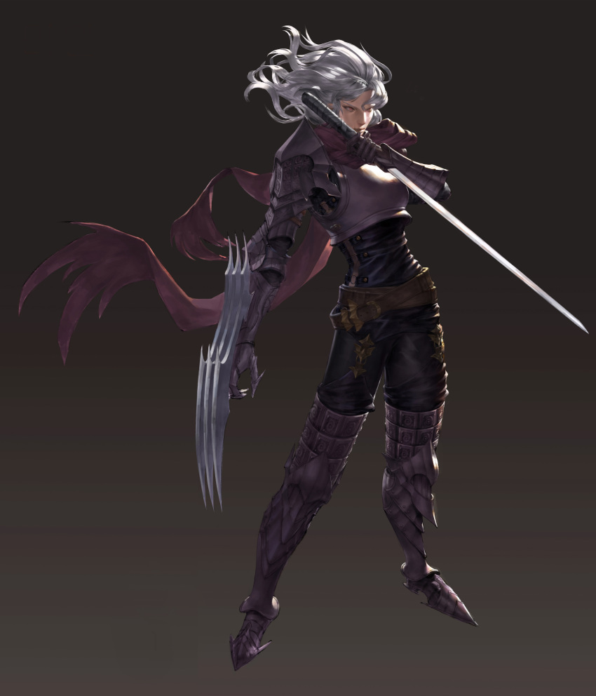 1boy absurdres armor assassin belt breastplate claw_(weapon) clawed_gauntlets closed_mouth cococo00 facial_scar gauntlets gradient gradient_background greaves grey_hair hair_between_eyes highres holding holding_sword holding_weapon long_hair male_focus original pauldrons purple_scarf red_eyes scar scarf shoulder_armor solo standing sword torn_clothes torn_scarf vambraces weapon