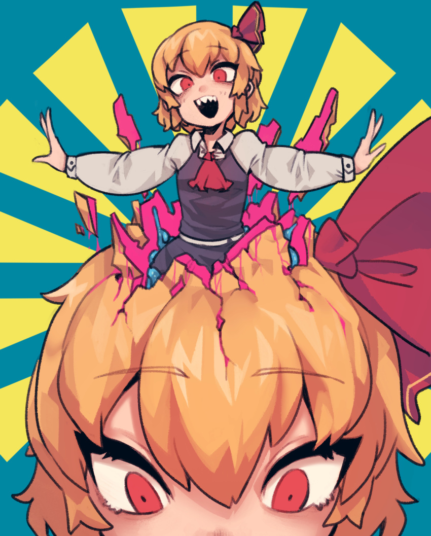 1girl :d ascot bangs black_vest blonde_hair blue_background crack eyebrows_visible_through_hair hair_between_eyes hair_ribbon highres long_sleeves looking_at_viewer open_mouth outstretched_arms pigeoncrow red_eyes red_neckwear red_ribbon ribbon rumia sharp_teeth short_hair smile teeth touhou vest