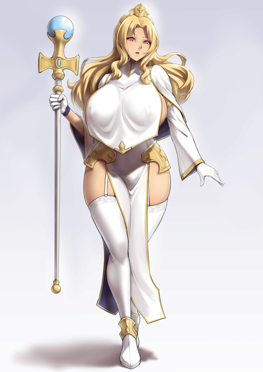 1girl blonde_hair breast_curtains breasts commentary covered_nipples crown curvy garter_straps gloves gradient gradient_background grey_background highres huge_breasts long_hair looking_at_viewer original packge parted_lips red_eyes solo staff thigh-highs thighs white_gloves wide_hips