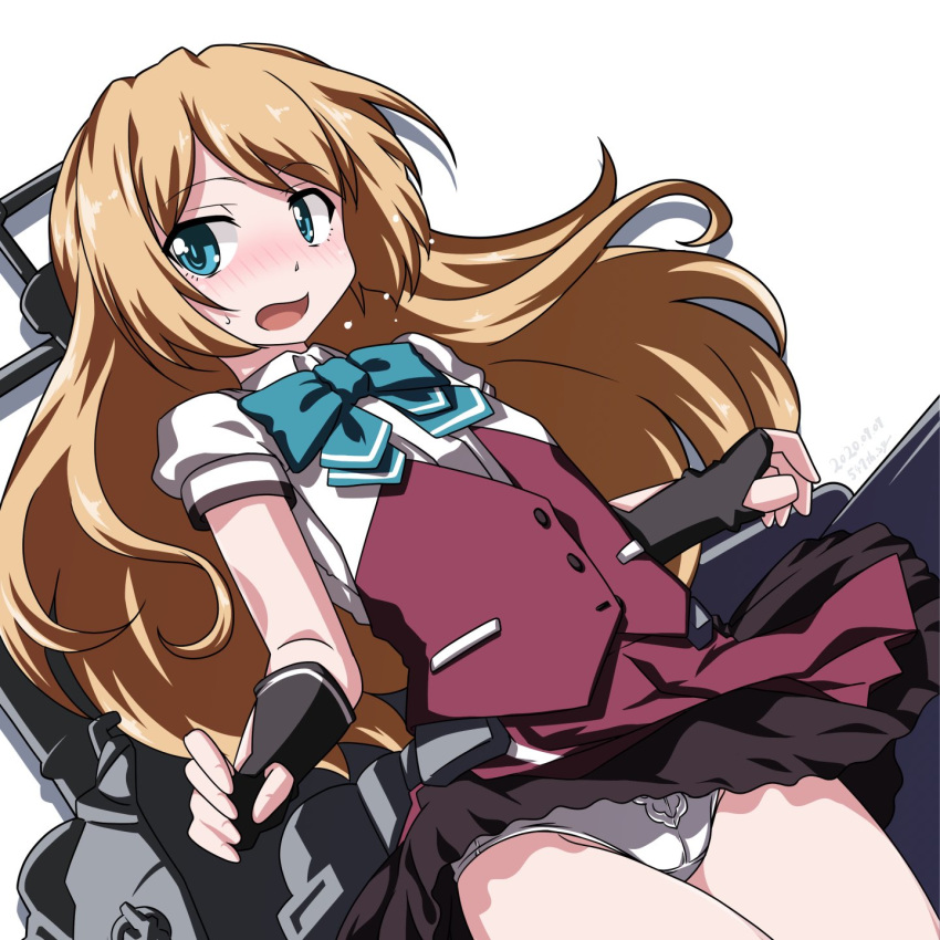 1girl 547th_sy aqua_neckwear bangs black_gloves black_skirt blonde_hair blue_eyes blush bow bowtie cosplay dated eyebrows_visible_through_hair fingerless_gloves gloves highres jervis_(kantai_collection) kantai_collection long_hair open_mouth panties purple_vest rigging shirt signature simple_background skirt solo sweat underwear vest white_background white_panties white_shirt yuugumo_(kantai_collection) yuugumo_(kantai_collection)_(cosplay)