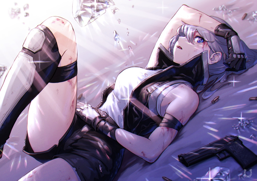 1girl arm_up backlighting bandaged_arm bandages bangs black+ black_gloves black_legwear black_shorts blood blue_eyes bullet diamond_(gemstone) dutch_angle gloves gun handgun highres knee_up looking_at_viewer lying medium_hair nemoto_yuuma on_back open_mouth original popped_collar shin_guards shirt shorts silver_hair sleeveless sleeveless_jacket socks solo thigh_strap torn_clothes torn_jacket torn_shorts weapon white_shirt