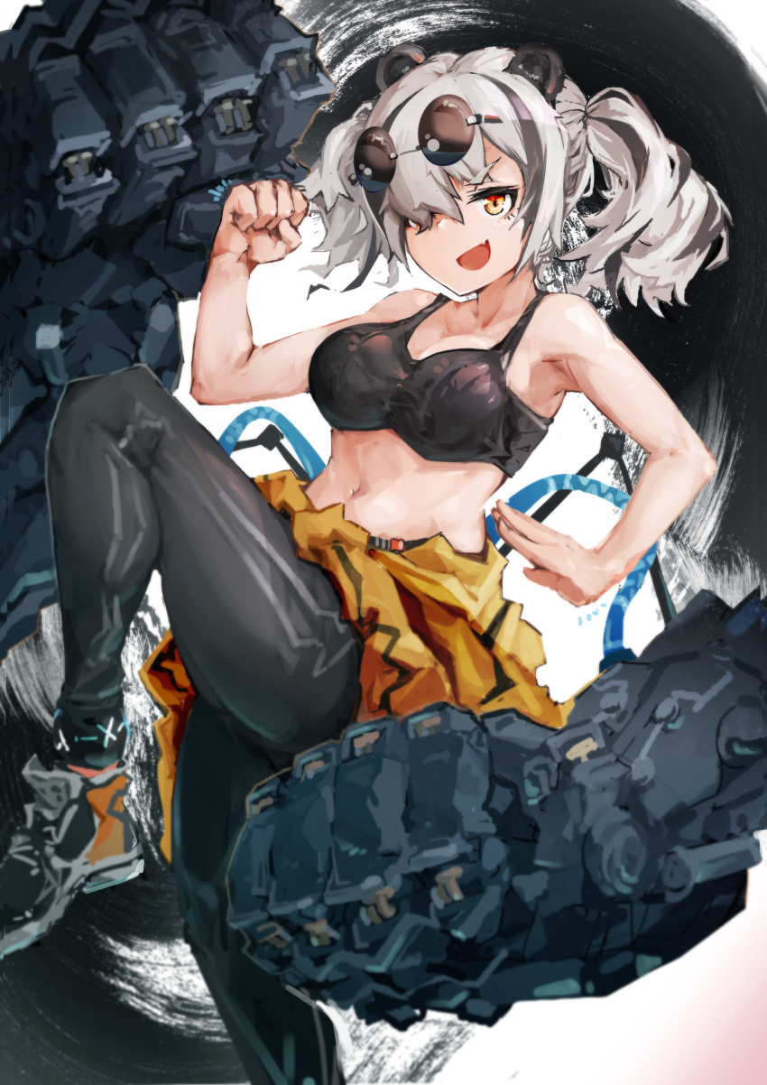1girl :d absurdres animal_ears arknights bare_arms bare_shoulders black_hair black_pants breasts clenched_hand commentary_request crop_top eyewear_on_head feater_(arknights) fighting_stance hand_up highres jumbowhopper knee_up large_breasts leggings looking_at_viewer midriff multicolored_hair navel open_mouth orange_eyes panda_ears pants shoes short_hair silver_hair smile sneakers solo sports_bra stomach streaked_hair sunglasses thighs twintails
