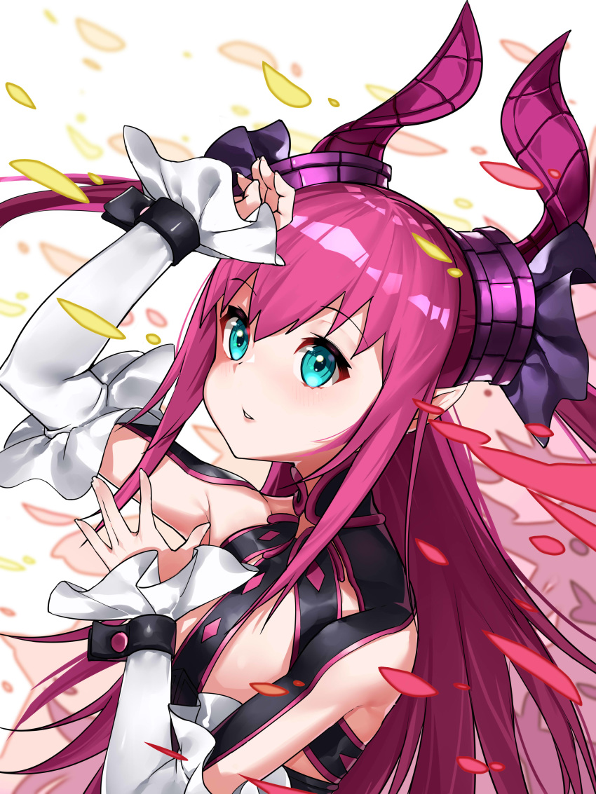 1girl absurdres bangs blue_eyes curled_horns detached_sleeves elizabeth_bathory_(fate) elizabeth_bathory_(fate)_(all) erdongjinming fate/extra fate/extra_ccc fate/grand_order fate_(series) highres horns long_hair looking_away pink_hair pointy_ears smile solo two_side_up upper_body