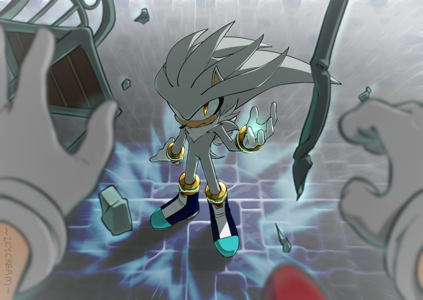 2boys battle boots closed_mouth commentary full_body gloves highres icycream24 looking_at_viewer male_focus multiple_boys pov psychokinesis serious silver_the_hedgehog sonic sonic_the_hedgehog sonic_the_hedgehog_(2006) standing telekinesis white_gloves yellow_eyes