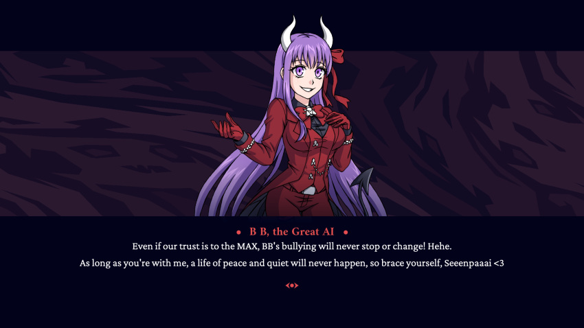 1girl bb_(fate)_(all) bb_(fate/extra_ccc) beelzebub_(helltaker) black_tail breasts bug burbur business_suit cosplay demon_girl demon_horns demon_tail english_text fake_screenshot fate/extra fate/extra_ccc fate/grand_order fate_(series) fly formal gloves hair_between_eyes hair_ribbon hands_up helltaker highres horns insect long_hair long_sleeves looking_at_viewer parody purple_hair red_suit ribbon smile solo style_parody suit tail vanripper_(style) violet_eyes visual_novel waistcoat white_horns