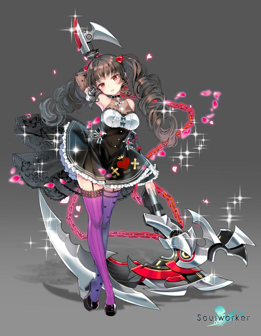 1girl absurdres armpits bare_shoulders black_dress black_footwear black_hair breasts chain cross crossed_legs detached_sleeves dress drill_hair frilled_dress frills full_body garter_straps glint highres holding holding_scythe huge_weapon large_breasts lily_bloomerchen long_hair long_sleeves looking_at_viewer mimi_(ranma3049) official_art parted_lips puffy_sleeves purple_legwear red_eyes ribbed_legwear scythe shoes solo soul_worker standing thigh-highs twin_drills twintails watson_cross weapon zettai_ryouiki