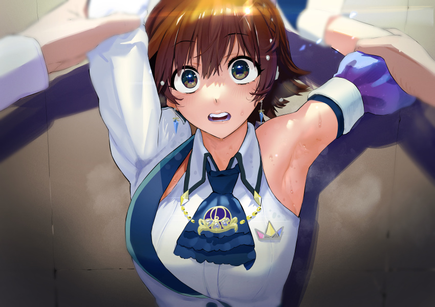 1girl absurdres against_wall armpits blush brown_eyes brown_hair cuffs earrings hair_ornament highres honda_mio idolmaster idolmaster_cinderella_girls idolmaster_cinderella_girls_starlight_stage jewelry kitou_sakeru looking_at_viewer neckerchief open_mouth pin short_hair sleeveless sweat sweaty_clothes