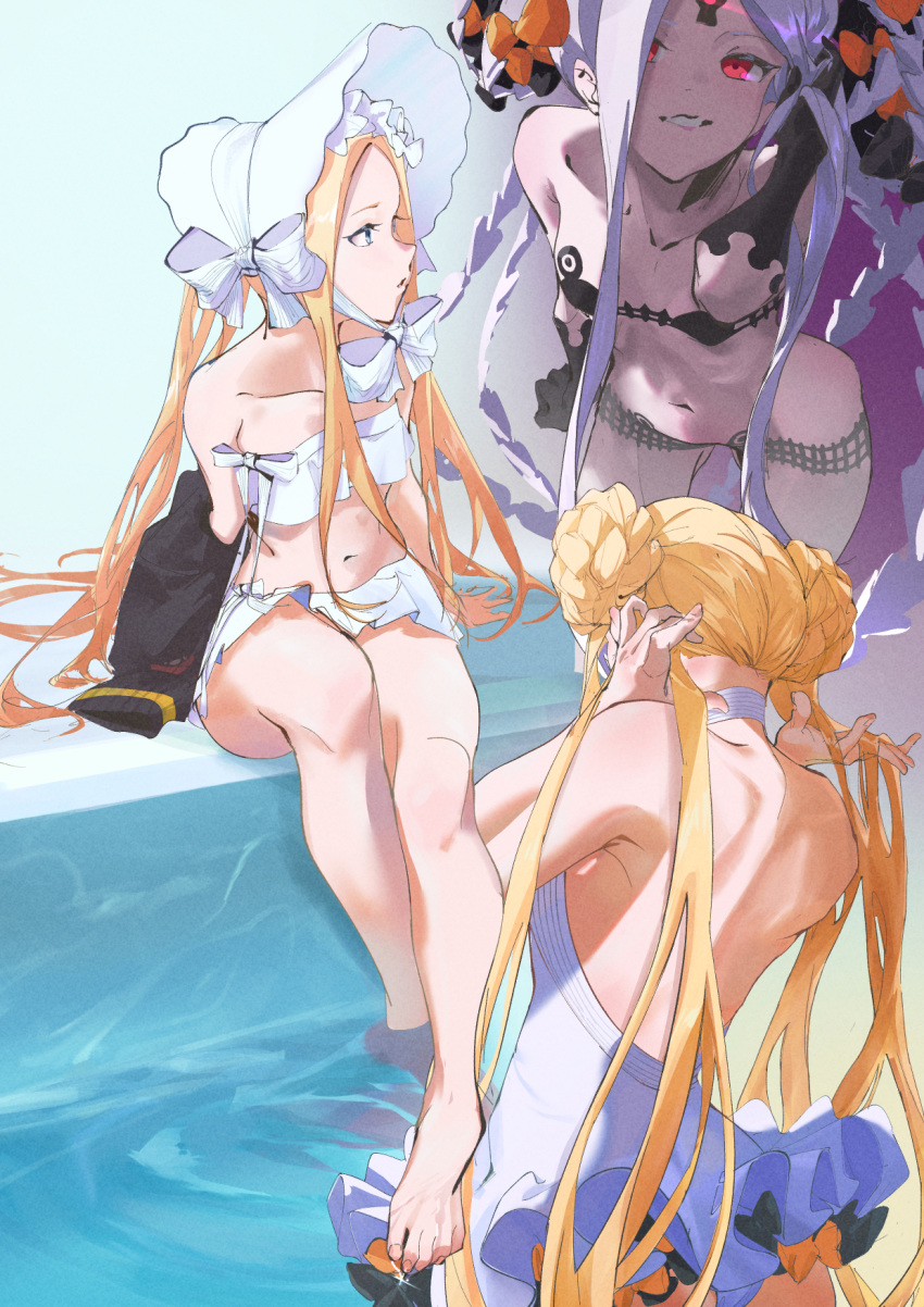 1girl abigail_williams_(fate/grand_order) abigail_williams_(swimsuit_foreigner)_(fate) artist_request ass back bangs bare_shoulders bikini black_bikini black_bow blonde_hair blue_eyes bonnet bow braid braided_bun breasts collarbone double_bun dress_swimsuit fate/grand_order fate_(series) feet forehead hair_bow highres legs long_hair miniskirt multiple_bows multiple_views navel open_mouth orange_bow parted_bangs red_eyes sidelocks skirt small_breasts smile swimsuit thighs twintails very_long_hair water white_bikini white_bow white_hair white_headwear white_skin white_swimsuit