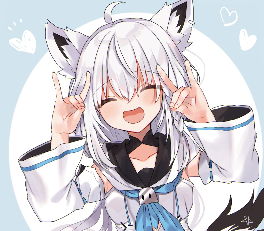 1girl ahoge animal_ear_fluff animal_ears arms_up bangs blue_neckwear blush closed_eyes commentary_request detached_sleeves earrings eyebrows_visible_through_hair facing_viewer fox_ears fox_girl fox_shadow_puppet fox_tail hair_between_eyes heart highres hololive jewelry long_hair neckerchief noi_mine open_mouth pentagram shirakami_fubuki sidelocks solo tail virtual_youtuber white_hair white_hoodie white_sleeves
