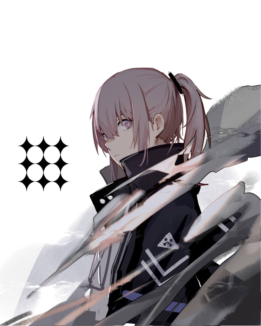 1girl black_jacket closed_mouth eyebrows_visible_through_hair girls_frontline hair_between_eyes hair_ribbon highres hood hood_down jacket long_hair looking_at_viewer nunuan pink_eyes pink_hair ponytail profile ribbon serious solo st_ar-15_(girls_frontline) white_background