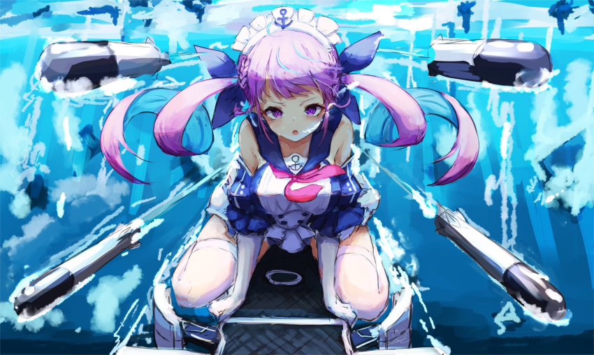 1girl :o anchor_symbol azur_lane blue_hair colored_inner_hair commentary_request drill_hair highres hololive inre_kemomimi looking_at_viewer maid_headdress minato_aqua multicolored_hair neckerchief purple_hair red_neckwear sketch solo thigh-highs torpedo twin_drills twintails two-tone_hair underwater violet_eyes