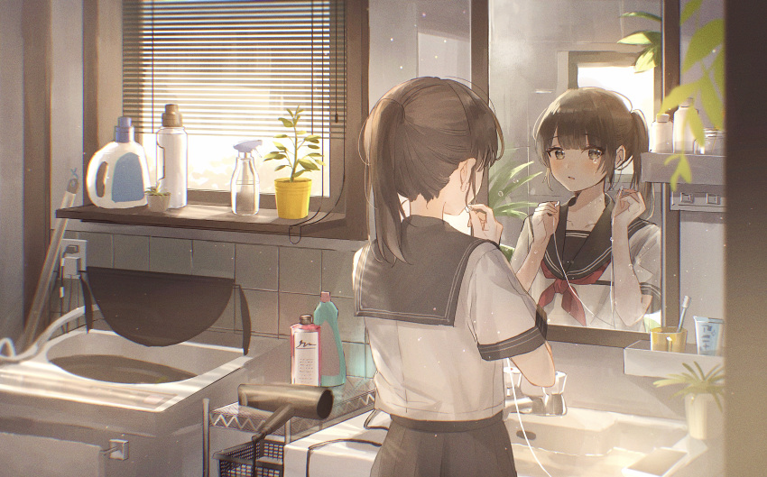 1girl absurdres basket bathroom black_skirt blinds bottle brown_eyes brown_hair cable crying cup earphones earphones_removed electric_plug electric_socket faucet from_behind highres holding holding_earphones indoors looking_at_viewer messy_hair mirror mug original oyuyu plant ponytail potted_plant reflection school_uniform serafuku shampoo_bottle sink skirt soap_bottle solo spray_bottle tears tile_wall tiles toothbrush toothpaste upper_body washing_machine window