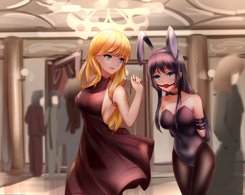 2girls absurdres animal_ears ball_gag bare_shoulders blonde_hair blue_eyes blush breasts bunny_girl bunnysuit city closed_mouth collar collarbone dress eyebrows_visible_through_hair gag green_eyes highres holding holding_leash leash leash_pull lips long_hair looking_away looking_down medium_breasts multiple_girls original purple_hair rabbit_ears red_dress restrained slave smile tears yuri zhadanzhawugui