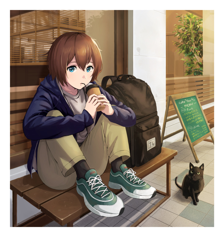 1girl androgynous animal backpack backpack_removed bag bench blue_eyes brown_hair cat chalkboard_sign commentary drinking drinking_straw highres legs_up original outdoors raku_rakugaki short_hair sitting solo