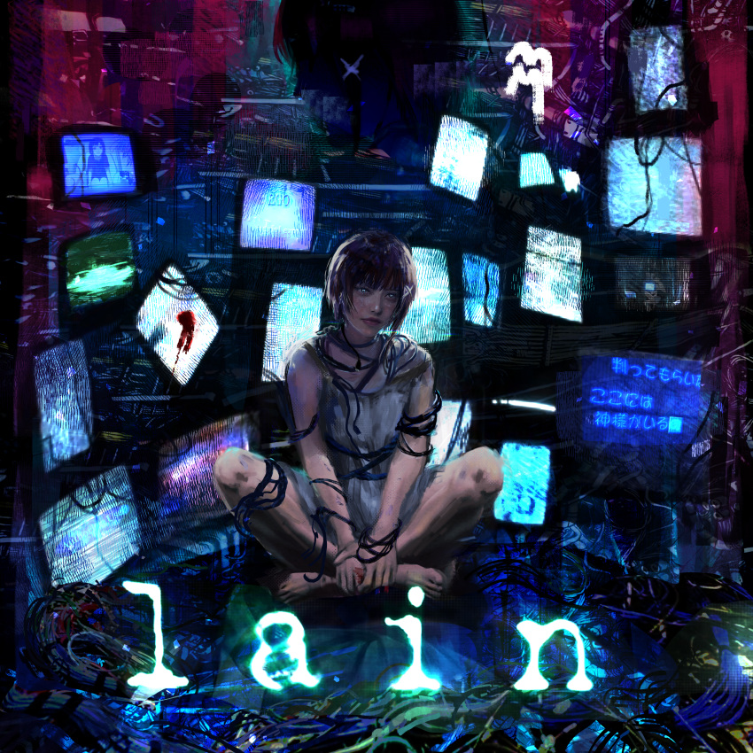 1girl absurdres asymmetrical_hair barefoot brown_hair cable closed_mouth computer dress hair_ornament hairclip highres huge_filesize iwakura_lain looking_at_viewer marthhh serial_experiments_lain short_hair sitting skirt sleeveless solo white_dress wire x_hair_ornament