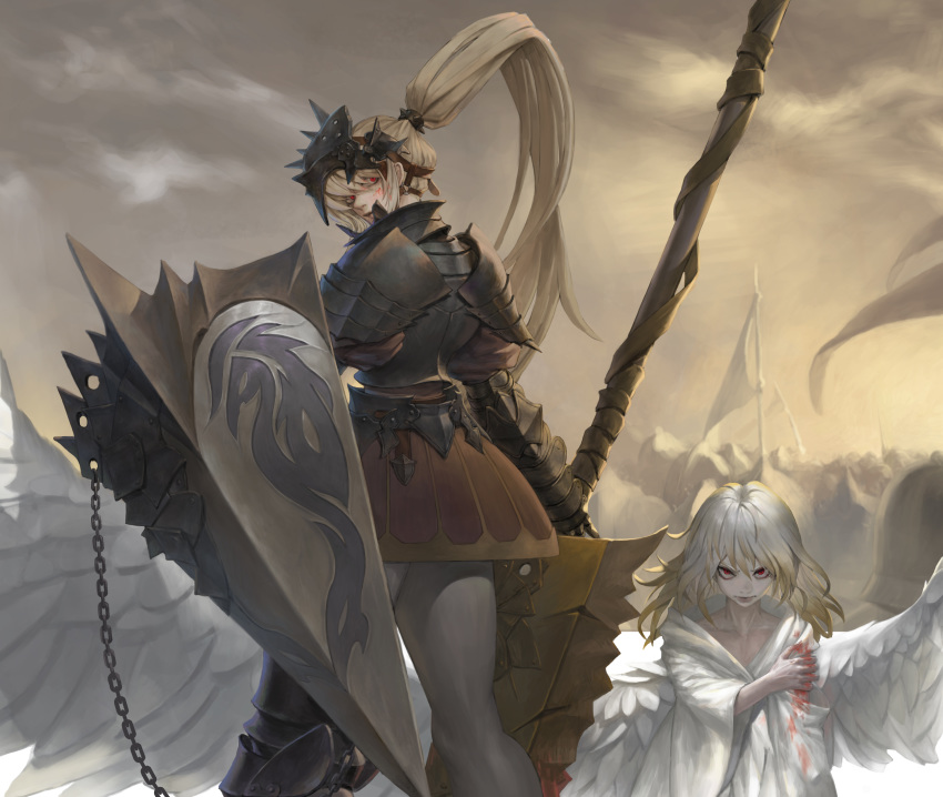 1boy 1girl 6+others absurdres ambiguous_gender angel angel_wings armor army back bleeding blonde_hair blood blood_on_face blood_stain bloody_hair chain closed_mouth clouds cloudy_sky cococo00 collarbone cropped feathered_wings fingernails flag greaves grey_legwear helm helmet highres holding holding_flag holding_weapon huge_weapon injury long_fingernails long_hair looking_at_viewer looking_back medium_hair multicolored multicolored_hair multiple_others original outdoors pauldrons ponytail red_eyes sharp_fingernails shield shoulder_armor sky spikes vambraces veins weapon white_hair wings