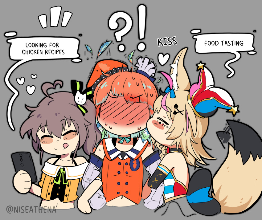 ! !? 3girls =_= ^_^ ahoge animal_ears aqua_neckwear artist_request bare_shoulders blonde_hair blush blush_stickers bow brown_hair cellphone cheek_kiss chibi closed_eyes detached_sleeves english_text eyebrows_visible_through_hair feathers fox_ears fox_girl fox_tail grey_background hat headwear heart heart_ahoge highres holding holding_phone hololive hololive_english hot kiss looking_at_object looking_at_phone multiple_girls natsuiro_matsuri navel nervous off-shoulder_shirt off_shoulder omaru_polka phone ponytail ribbon scared shaded_face shirt side_ponytail smartphone smile speech_bubble surprised sweat sweating_profusely tail tail_bow tail_wagging takanashi_kiara trembling twitter_username watermark