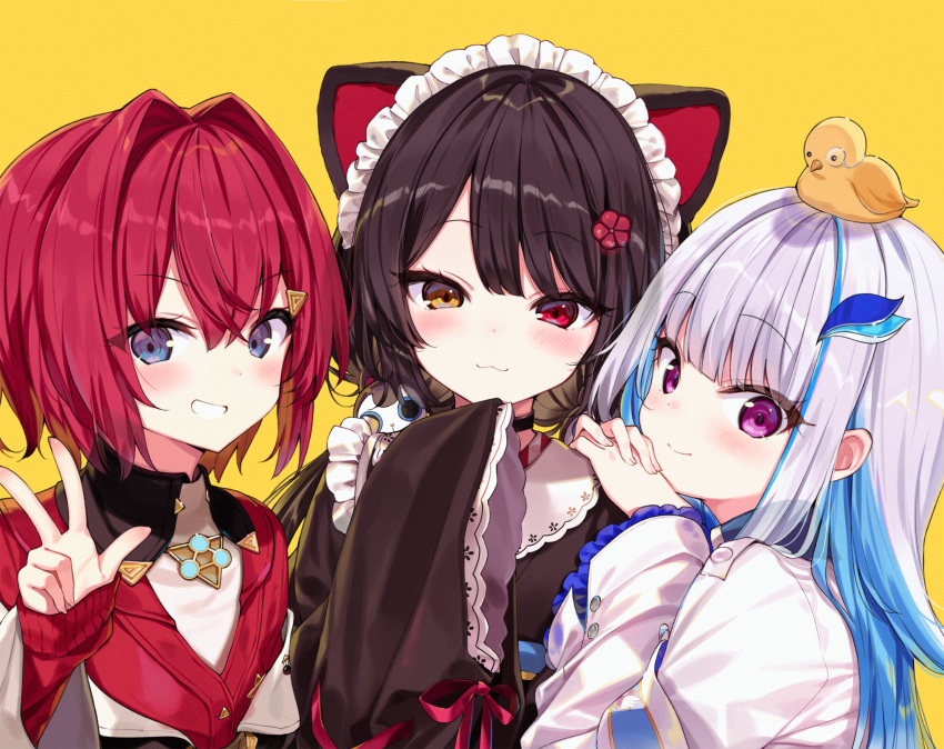3girls :3 ange_katrina animal animal_ears animal_on_head bangs bird black_hair black_kimono blue_eyes blue_hair brown_eyes closed_mouth collared_shirt commentary_request dog_ears dog_hair_ornament duck eyebrows_visible_through_hair grin hair_between_eyes hair_intakes hair_ornament hand_up hands_on_another's_shoulder heterochromia highres inui_toko jacket japanese_clothes kimono lize_helesta long_sleeves looking_at_viewer low_twintails maid_headdress monocle multicolored_hair multiple_girls nijisanji on_head red_eyes red_jacket redhead sebastian_piyodore shirt shnva silver_hair simple_background sleeves_past_fingers sleeves_past_wrists smile twintails two-tone_hair violet_eyes virtual_youtuber wa_maid white_jacket white_shirt wide_sleeves yellow_background