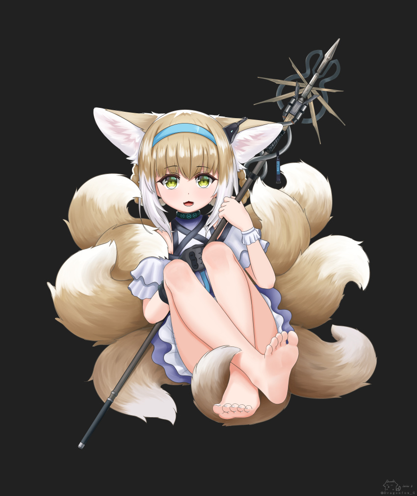 1girl absurdres animal_ears aqua_hairband arknights artist_request barefoot blue_hairband feet fox_ears fox_girl fox_tail gloves grey_hairband hair_rings hairband highres holding holding_staff hulihulihu kitsune kyuubi looking_at_viewer multiple_tails no_shoes pantyhose sidelocks simple_background single_glove soles staff stairs stone_stairs suzuran_(arknights) tail toes