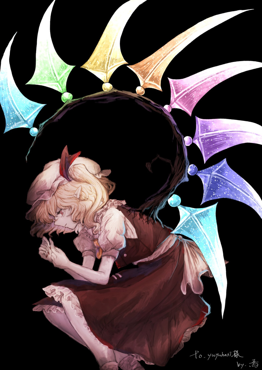 1girl ascot bangs black_background blonde_hair bow crystal flandre_scarlet fleuriste frilled_shirt frilled_shirt_collar frilled_skirt frilled_sleeves frills hat hat_bow hat_ribbon highres medium_hair mob_cap nail_polish one_side_up pointy_ears puffy_short_sleeves puffy_sleeves red_bow red_eyes red_nails red_ribbon red_skirt red_vest ribbon shirt short_sleeves side_ponytail simple_background skirt skirt_set solo squatting touhou vest white_shirt wings yellow_neckwear