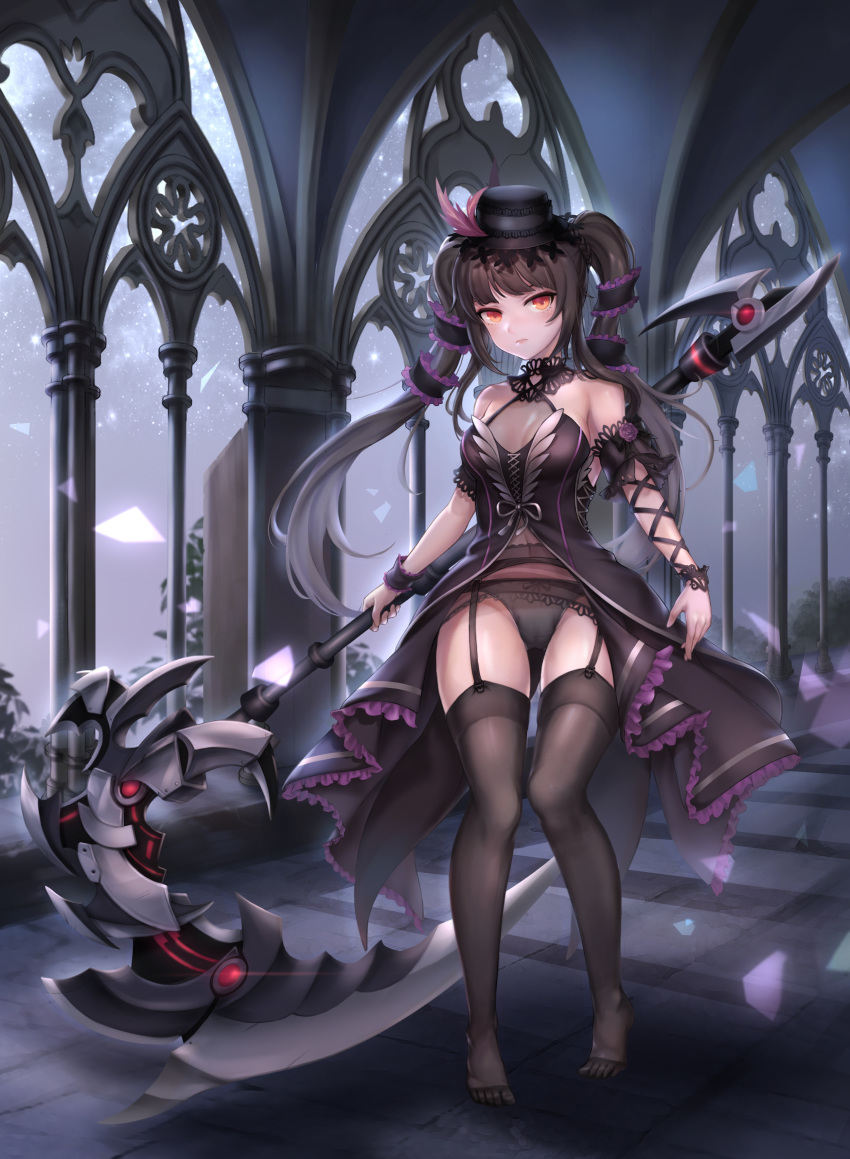 1girl absurdres architecture bare_shoulders black_dress black_hair black_headwear black_legwear black_panties breasts covered_navel crotch_seam detached_sleeves dress dusk full_body garter_belt garter_straps gothic_architecture gothic_lolita hair_ornament hat highres holding holding_scythe holding_weapon huge_weapon indoors kie_(wylee2212) lily_bloomerchen lolita_fashion long_hair looking_at_viewer medium_breasts no_shoes panties red_eyes revealing_clothes scythe see-through solo soul_worker standing thigh-highs thighs top_hat twintails underwear weapon wrist_cuffs