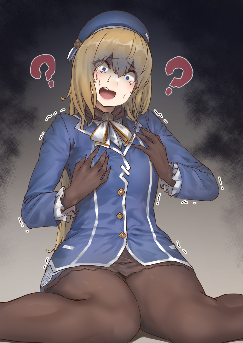 1girl ? alternate_breast_size ascot atago_(kantai_collection) beret black_gloves blonde_hair blue_eyes blue_headwear blue_jacket blush breasts commentary crying crying_with_eyes_open empty_eyes frilled_sleeves frills gloves gradient gradient_background grey_background hat highres horror_(expression) jacket kantai_collection long_hair long_sleeves looking_down mouth open_mouth pantyhose revision role_reversal sidelocks sitting small_breasts solo tears teeth uniform uru_(uru0000) wariza