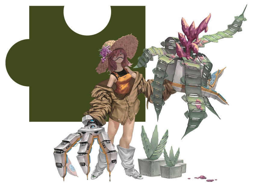 1girl bare_shoulders brown_jacket closed_fan closed_mouth cococo00 collarbone dripping fan flower folding_fan goggles hat hat_flower highres holding jacket mecha_musume mechanical mechanical_hands off-shoulder_jacket off_shoulder original pink_eyes pink_hair plant potted_plant purple_flower science_fiction sleeves_past_wrists smile solo straw_hat white_footwear