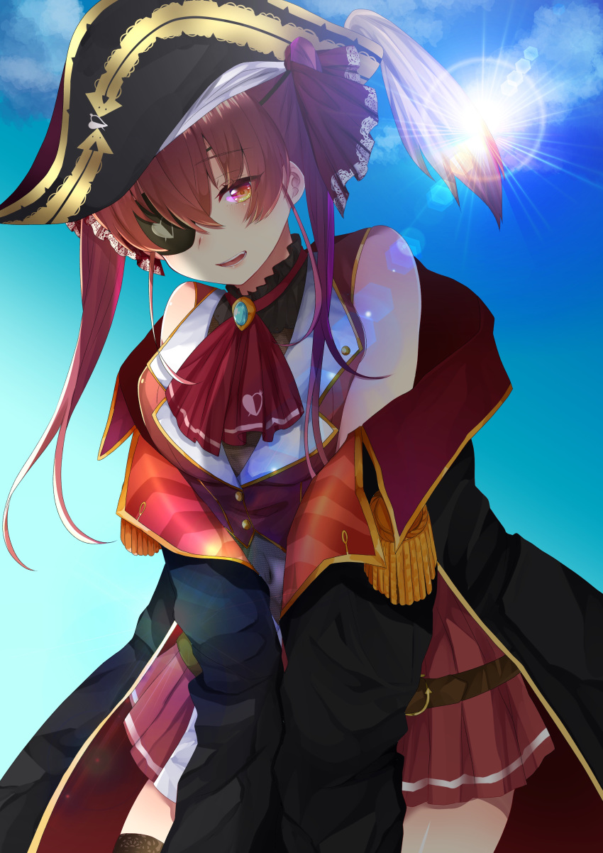 1girl absurdres bandana bangs belt bicorne black_jacket breasts brooch clouds cowboy_shot eyebrows_visible_through_hair eyepatch hair_ribbon hat highres hololive houshou_marine iwashi_(wasii_91) jacket jewelry large_breasts long_hair looking_at_viewer midriff navel off_shoulder open_mouth pirate pirate_hat red_eyes red_ribbon red_skirt redhead ribbon sidelocks skirt sky smile solo sunlight twintails virtual_youtuber