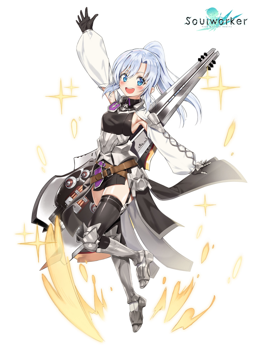 1girl :d absurdres arm_up armor armored_boots armpit_cutout armpits belt black_dress black_gloves black_legwear blue_eyes blush boots breasts dress faulds full_body garter_straps gloves guitar highres instrument knee_boots long_hair looking_at_viewer official_art open_mouth ponytail puffy_sleeves rainmaker shoulder_armor sidelocks silver_hair simple_background small_breasts smile solo soul_worker sparkle stella_unibell thigh-highs thighs white_background zettai_ryouiki