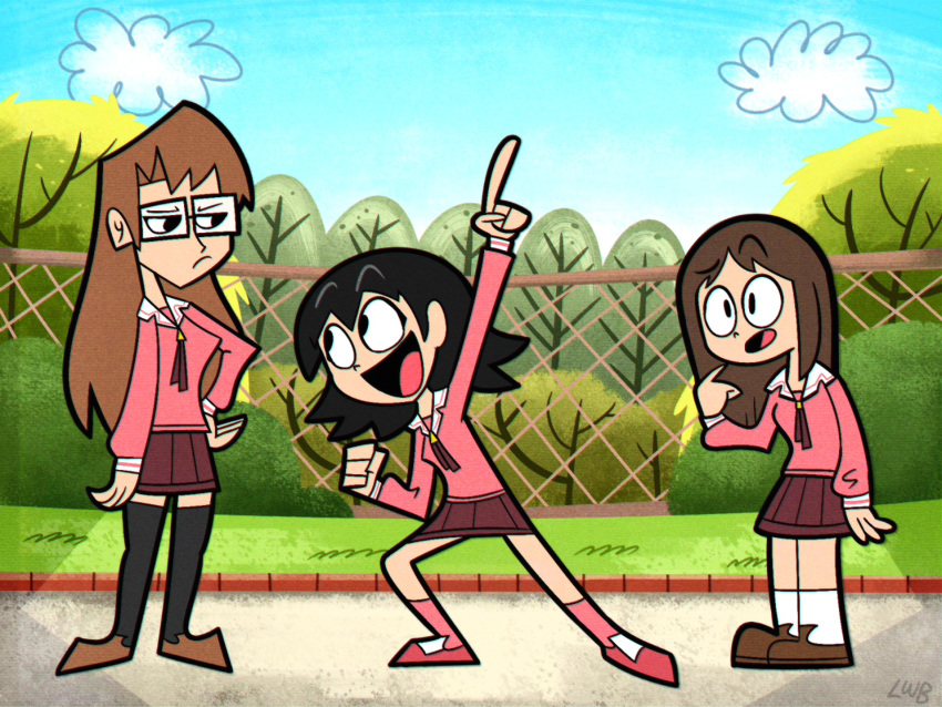 3girls :d artist_name azumanga_daioh bangs black_hair black_legwear bob_cut bolo_tie brown_footwear brown_hair cartoon cartoonized chain-link_fence clenched_hand clouds english_commentary excited fence foliage glasses grass hand_on_hip highres kasuga_ayumu loafers lolwutburger long_hair long_sleeves looking_at_another medium_hair mizuhara_koyomi multiple_girls open_mouth parody pink_legwear pink_shirt pleated_skirt pointing pointing_at_self pointing_up purple_neckwear purple_skirt raised_eyebrow school_uniform shirt shoes signature skirt sky smile socks style_parody takino_tomo thick_outlines thigh-highs tree white_legwear