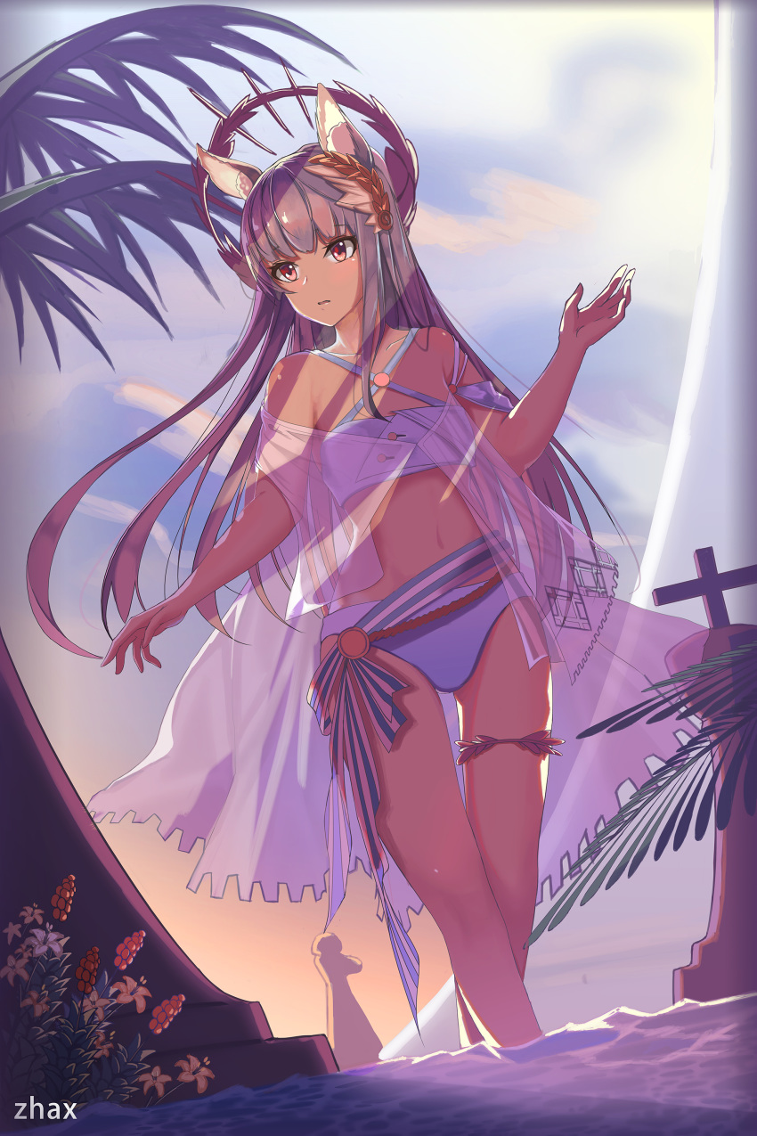 1girl absurdres animal_ear_fluff animal_ears arknights artist_name bandeau bikini chess_piece commentary_request criss-cross_halter flower halterneck highres laurel_crown long_hair navel platinum_(arknights) purple_bikini red_eyes see-through silver_hair solo standing stomach swimsuit thighs very_long_hair zhax