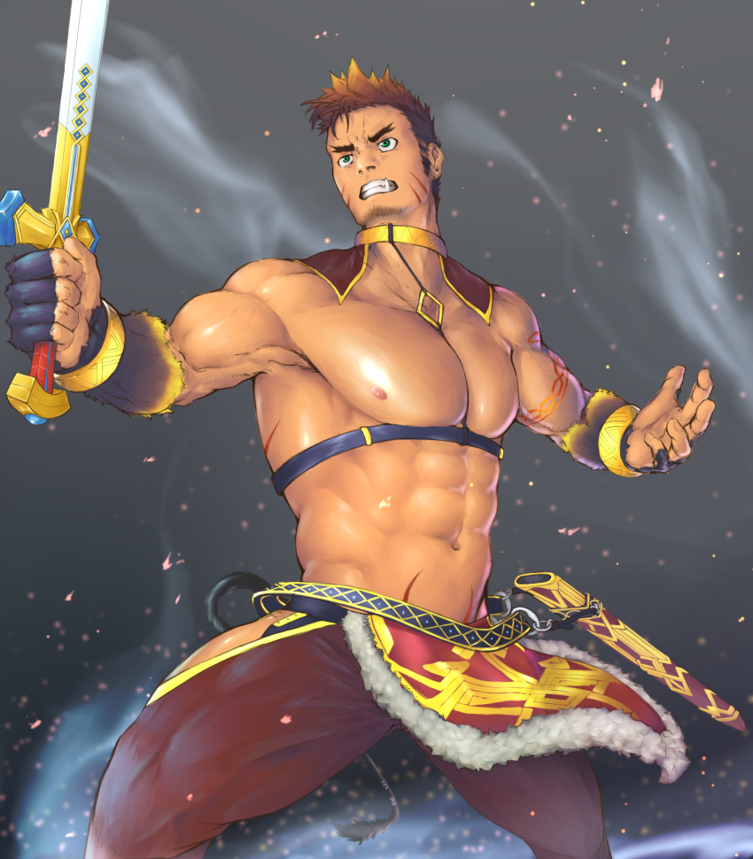 1boy abs bara blue_eyes brown_hair bulge chest chest_harness collar facial_hair fang fighting_stance forked_eyebrows gradient_hair gullinbursti_(tokyo_houkago_summoners) harness highres ko_shushu male_focus manly multicolored_hair muscle navel nipples pectorals revealing_clothes shirtless short_hair sideburns solo stubble sword thick_thighs thigh_cutout thighs tokyo_houkago_summoners weapon