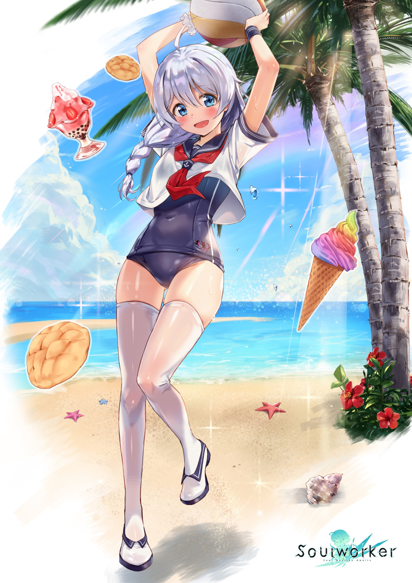 1girl :d absurdres ahoge arms_up ball beach beachball blue_eyes blue_swimsuit braid bread covered_navel crop_top crop_top_overhang day food full_body highres holding leg_up long_hair looking_at_viewer neckerchief ocean official_art old_school_swimsuit one-piece_swimsuit open_mouth outdoors palm_tree parfait plant rainmaker sailor_collar sailor_shirt school_swimsuit see-through shirt shoes short_sleeves silver_hair single_braid smile solo soul_worker standing standing_on_one_leg starfish stella_unibell sunlight swimsuit thigh-highs thighs tree water white_footwear white_legwear white_shirt wristband