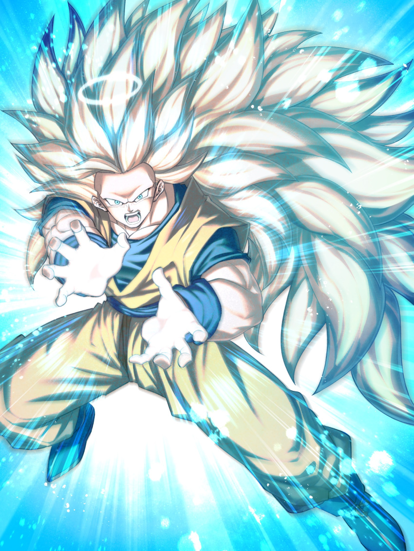 1boy blonde_hair blue_eyes bracer dragon_ball dragon_ball_z halo highres incoming_attack kamehameha long_hair looking_at_viewer male_focus mattari_illust muscle no_eyebrows open_mouth solo son_gokuu super_saiyan super_saiyan_3 very_long_hair