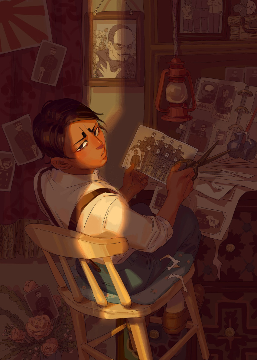 1boy aged_down black_eyes brown_background brown_hair chair chengongzi123 child closed_mouth clutter curtains dark-skinned_male dark_skin english_commentary flower golden_kamuy hands_up highres holding holding_scissors imperial_japanese_army indoors koito_otonoshin lantern leaning_back light_rays looking_at_viewer looking_back male_focus paper photo_(object) picture_frame plant potted_plant rising_sun_flag rose scissors scrapbook short_hair sitting sunbeam sunburst sunlight suspenders table tsurumi_tokushirou