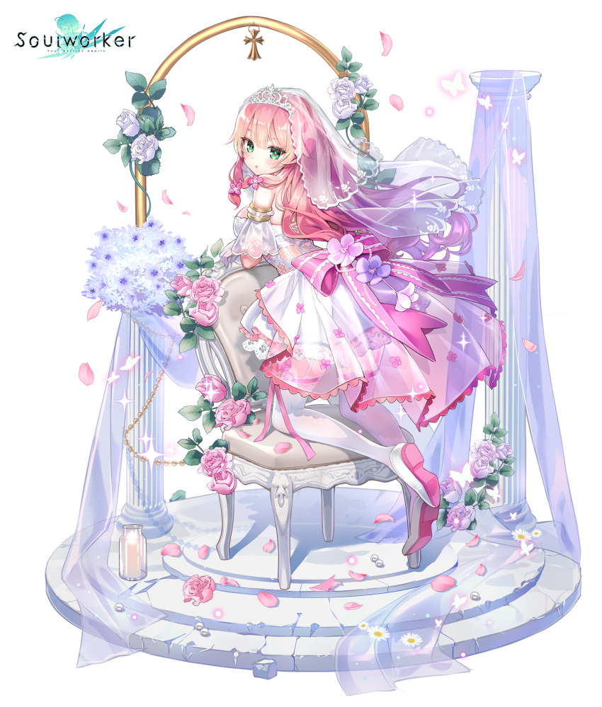 1girl aqua_eyes bare_shoulders bouquet breasts bridal_veil chair chii_aruel detached_sleeves dress fishnets flower garter_straps highres kyjsogom loafers long_hair looking_at_viewer looking_back medium_breasts midriff official_art parted_lips petals pink_hair rose see-through shoes solo soul_worker thigh-highs veil very_long_hair wedding_dress white_dress white_flower white_footwear white_legwear zettai_ryouiki