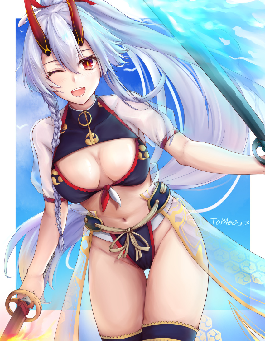 1girl :d absurdres bikini blue_background blue_fire blush border braid breasts breasts_apart cleavage_cutout commentary_request dual_wielding fate/grand_order fate_(series) fire flaming_sword flaming_weapon hair_ribbon highres holding holding_sword holding_weapon katana long_hair medium_breasts mitsudomoe_(shape) one_eye_closed open_mouth ponytail purple_bikini red_eyes ribbon see-through see-through_sleeves short_sleeves side_braid signature silver_hair slit_pupils smile solo swimsuit sword thigh-highs tomoe0812y tomoe_(symbol) tomoe_gozen_(fate/grand_order) tomoe_gozen_(swimsuit_saber)_(fate) very_long_hair waist_cape weapon white_border
