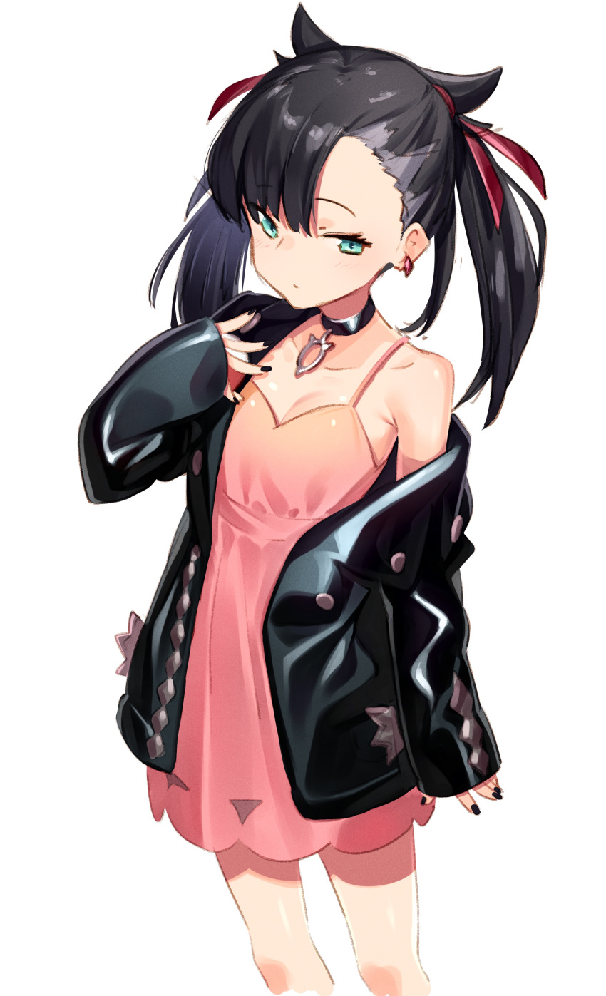 1girl absurdres aqua_eyes asymmetrical_bangs asymmetrical_hair bangs bare_shoulders black_choker black_hair black_jacket blush breasts choker dress earrings hair_ribbon highres jacket jewelry kei_(soundcross) long_hair long_sleeves looking_at_viewer marnie_(pokemon) off_shoulder open_clothes pink_dress pokemon pokemon_(game) pokemon_swsh red_ribbon ribbon simple_background small_breasts solo tail twintails white_background
