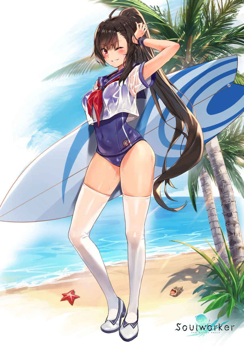 1girl absurdres ahoge arm_up armpits beach black_hair blue_swimsuit breasts covered_navel crop_top crop_top_overhang day full_body grin highres iris_yuma large_breasts long_hair looking_at_viewer neckerchief ocean official_art old_school_swimsuit one-piece_swimsuit one_eye_closed outdoors palm_tree ponytail rainmaker red_eyes sailor_collar sailor_shirt school_swimsuit see-through shirt shoes short_sleeves smile solo soul_worker standing starfish sunlight surfboard swimsuit thigh-highs thighs tree very_long_hair water wet wet_clothes wet_shirt white_footwear white_legwear white_shirt wristband
