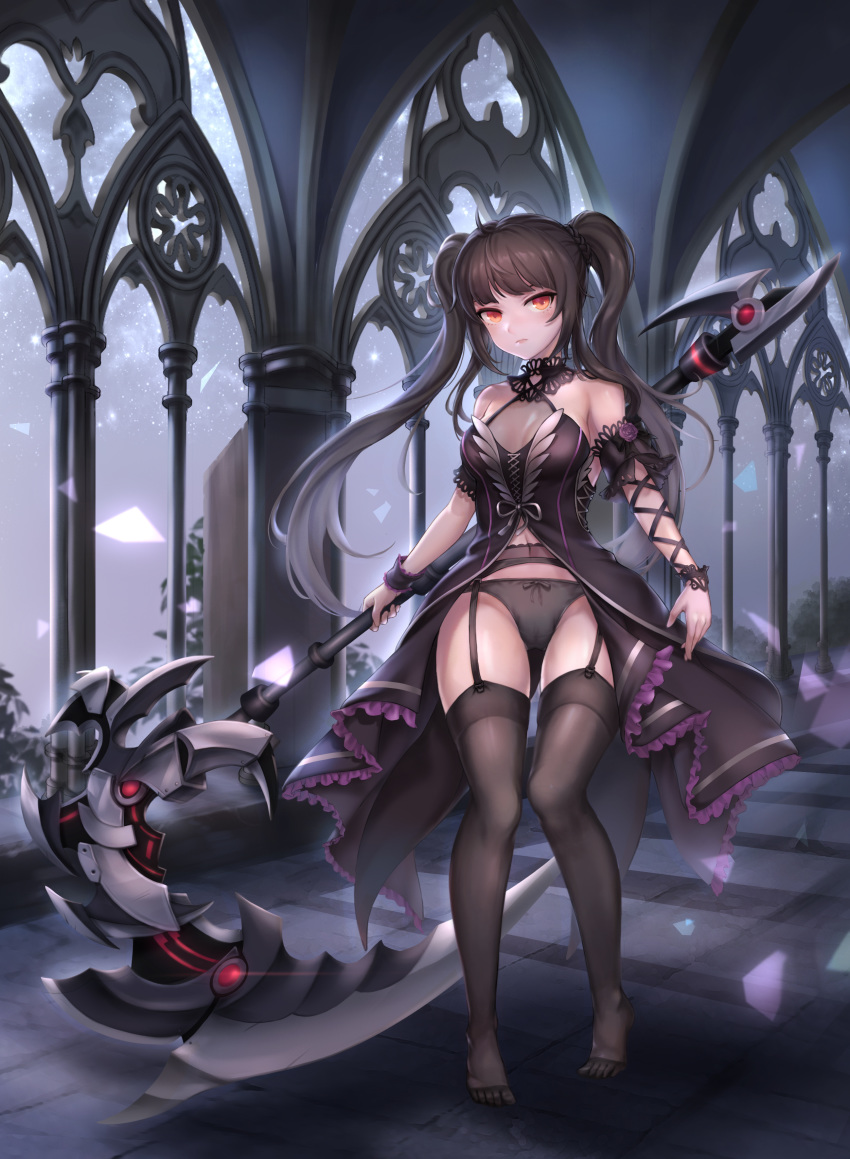 1girl absurdres architecture bare_shoulders black_dress black_hair black_legwear black_panties breasts center_opening crotch_seam detached_sleeves dress dusk full_body garter_belt garter_straps gothic_architecture gothic_lolita highres holding holding_scythe holding_weapon huge_weapon indoors kie_(wylee2212) lily_bloomerchen lolita_fashion long_hair looking_at_viewer medium_breasts navel no_shoes panties red_eyes revealing_clothes scythe solo soul_worker standing thigh-highs thighs twintails underwear weapon wrist_cuffs
