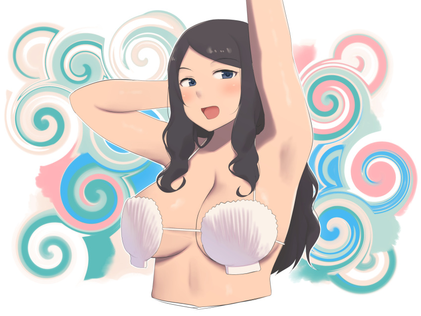 1girl :d arm_up armpits bikini black_hair blush breasts hand_behind_head highres large_breasts looking_at_viewer open_mouth original ryokucha_michi shell shell_bikini simple_background smile swimsuit upper_body