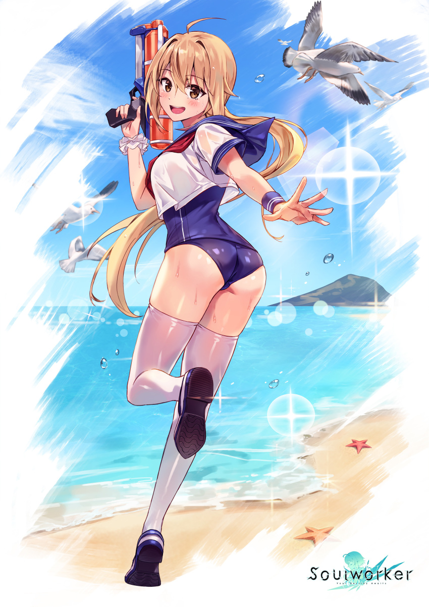 1girl :d absurdres ahoge animal ass beach bird blonde_hair blue_swimsuit breasts brown_eyes crop_top crop_top_overhang day finger_on_trigger full_body hand_up haru_estia highres holding leg_up long_hair looking_at_viewer looking_back low_ponytail neckerchief ocean official_art old_school_swimsuit one-piece_swimsuit open_mouth outdoors outstretched_arm rainmaker sailor_collar sailor_shirt school_swimsuit scrunchie seagull shirt shoes short_sleeves smile solo soul_worker sunlight swimsuit thigh-highs thighs very_long_hair water water_gun wet white_legwear white_shirt wrist_scrunchie wristband