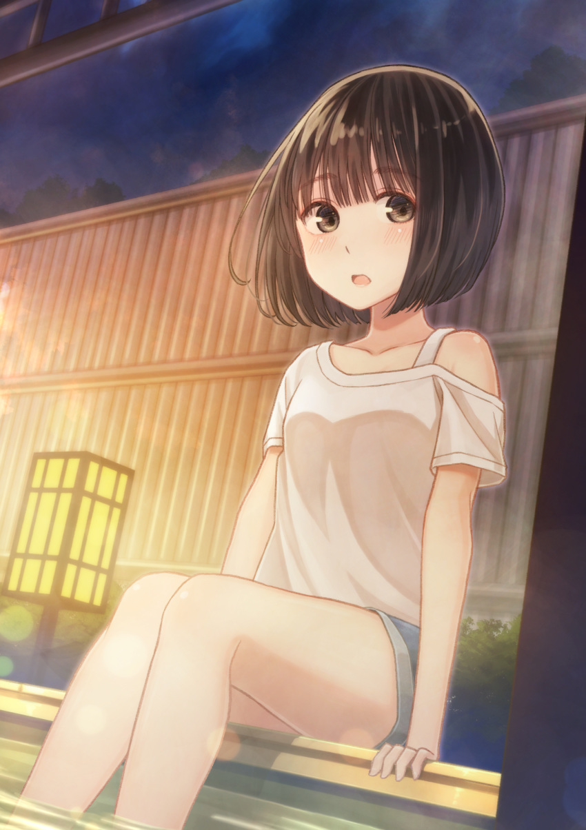 1girl bamboo_fence bangs blush bob_cut brown_eyes brown_hair bush collarbone commentary denim denim_shorts dutch_angle fence highres lamp looking_at_viewer looking_to_the_side night off_shoulder onsen open_mouth original partially_submerged shirt short_hair short_shorts shorts sitting sky solo tanbonota46 water white_shirt