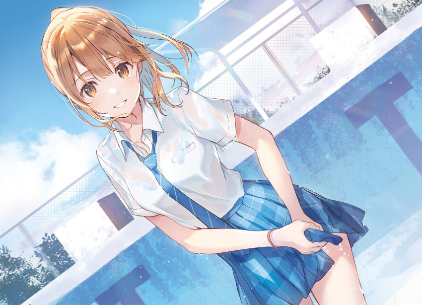 1girl bangs blue_neckwear blue_skirt blue_sky breasts brown_eyes building character_request chitose-kun_wa_ramune_bin_no_naka clouds collarbone collared_shirt commentary_request cowboy_shot day diagonal-striped_neckwear diagonal_stripes dress_shirt dutch_angle highres hiromu_yume looking_at_viewer miniskirt necktie outdoors pleated_skirt ponytail shirt shirt_tucked_in short_sleeves skirt sky smile solo striped striped_neckwear water wet wet_clothes wet_hair wet_shirt white_shirt wing_collar wringing_clothes wringing_skirt