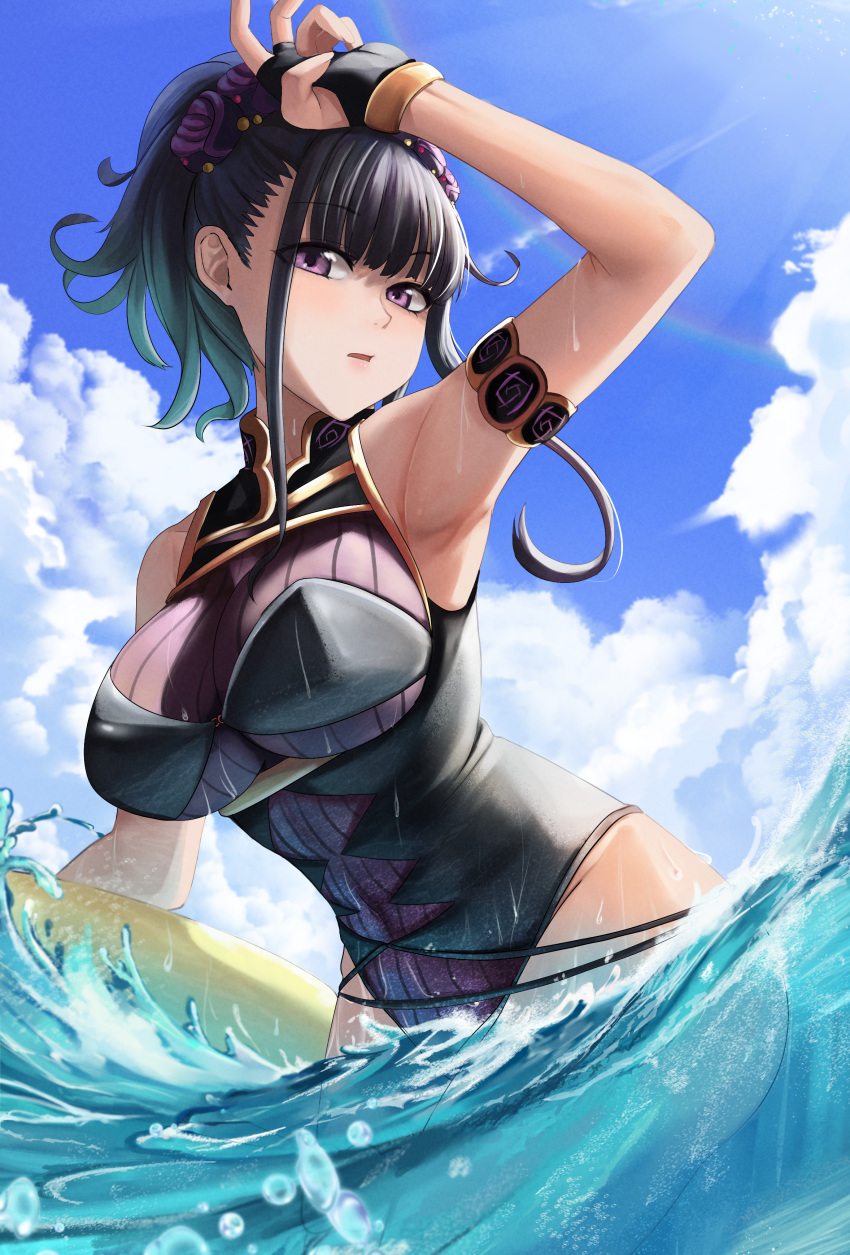 1girl absurdres arm_up armlet armpits bangs bare_shoulders black_hair black_swimsuit blue_sky blush breasts dvdraw fate/grand_order fate_(series) flower gloves hair_flower hair_ornament hair_up half_gloves highleg highleg_swimsuit highres large_breasts long_hair looking_at_viewer murasaki_shikibu_(fate) murasaki_shikibu_(swimsuit_rider)_(fate) ocean one-piece_swimsuit parted_lips sky swimsuit tied_hair violet_eyes wading wet