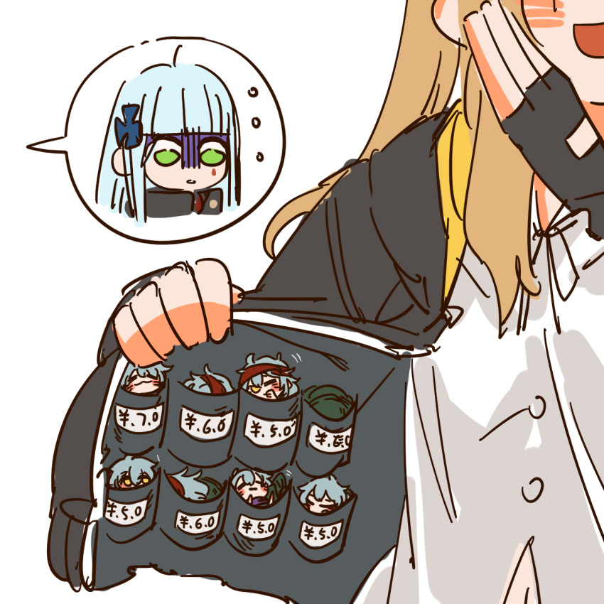 ... 6+girls :3 :d :o black_gloves black_jacket blue_hair blush_stickers brown_hair buttons chinese_commentary closed_eyes commentary_request fingerless_gloves g11_(girls'_frontline) girls_frontline gloves green_eyes green_headwear headband highres hk416_(girls'_frontline) in_pocket jacket light_blue_hair long_hair merchandise merchant mini_person minigirl motion_lines multiple_girls one_eye_closed open_clothes open_jacket open_mouth parted_lips price_tag red_headband shaded_face shirt simple_background smile spoken_character su_xiao_jei twintails ump9_(girls'_frontline) white_background white_shirt yellow_eyes