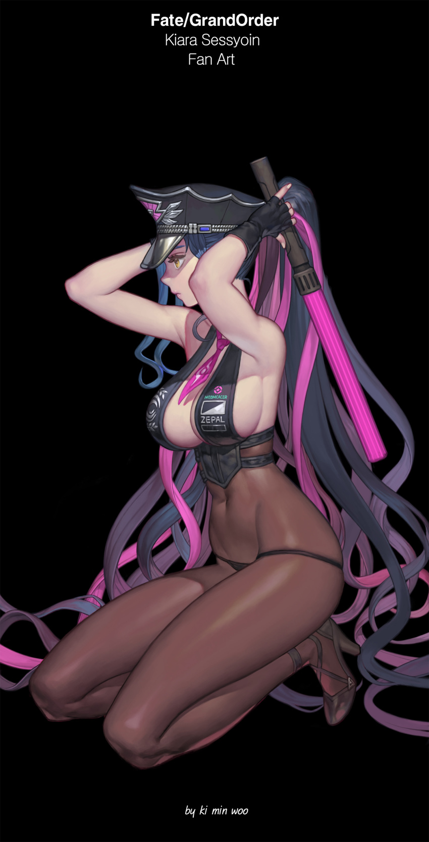 1girl absurdres arm_up armpits ass bangs bare_shoulders bikini black_bikini black_bodysuit black_gloves black_hair blush bodysuit breasts facial_mark fate/extra fate/grand_order fate_(series) fingerless_gloves forehead_mark full_body gloves hat highres jewelry ki_min-woo large_breasts long_hair looking_at_viewer multicolored_hair open_mouth parted_bangs peaked_cap ponytail sesshouin_kiara sesshouin_kiara_(swimsuit_mooncancer)_(fate) sideboob smile streaked_hair swimsuit symbol-shaped_pupils traffic_baton very_long_hair yellow_eyes